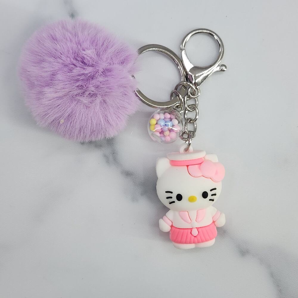 Hello Kitty 3D Figure Keychain, puff ball & mini bead filled bubble Pink Purple